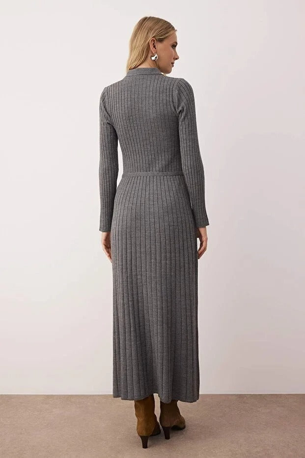 Anthracite Metal Buckle Detail Ribbed Knit Modest Dress