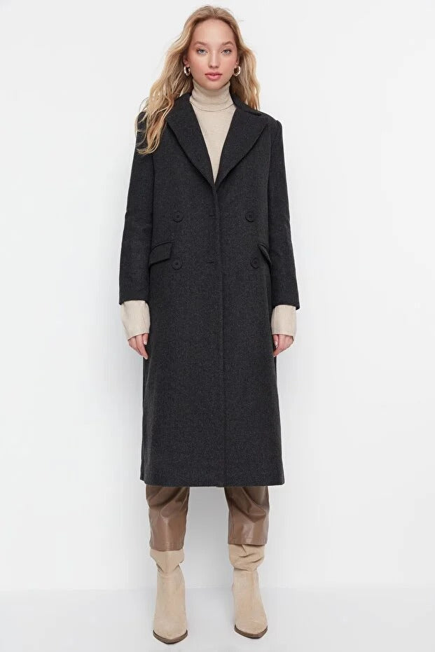 Black Herringbone Pattern Long Wool-Blend Coat