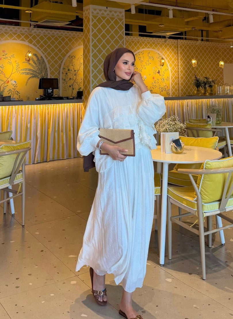 Tiered Ruffle Blouse & Pleated Maxi Skirt Co-ord Set - Ecrou