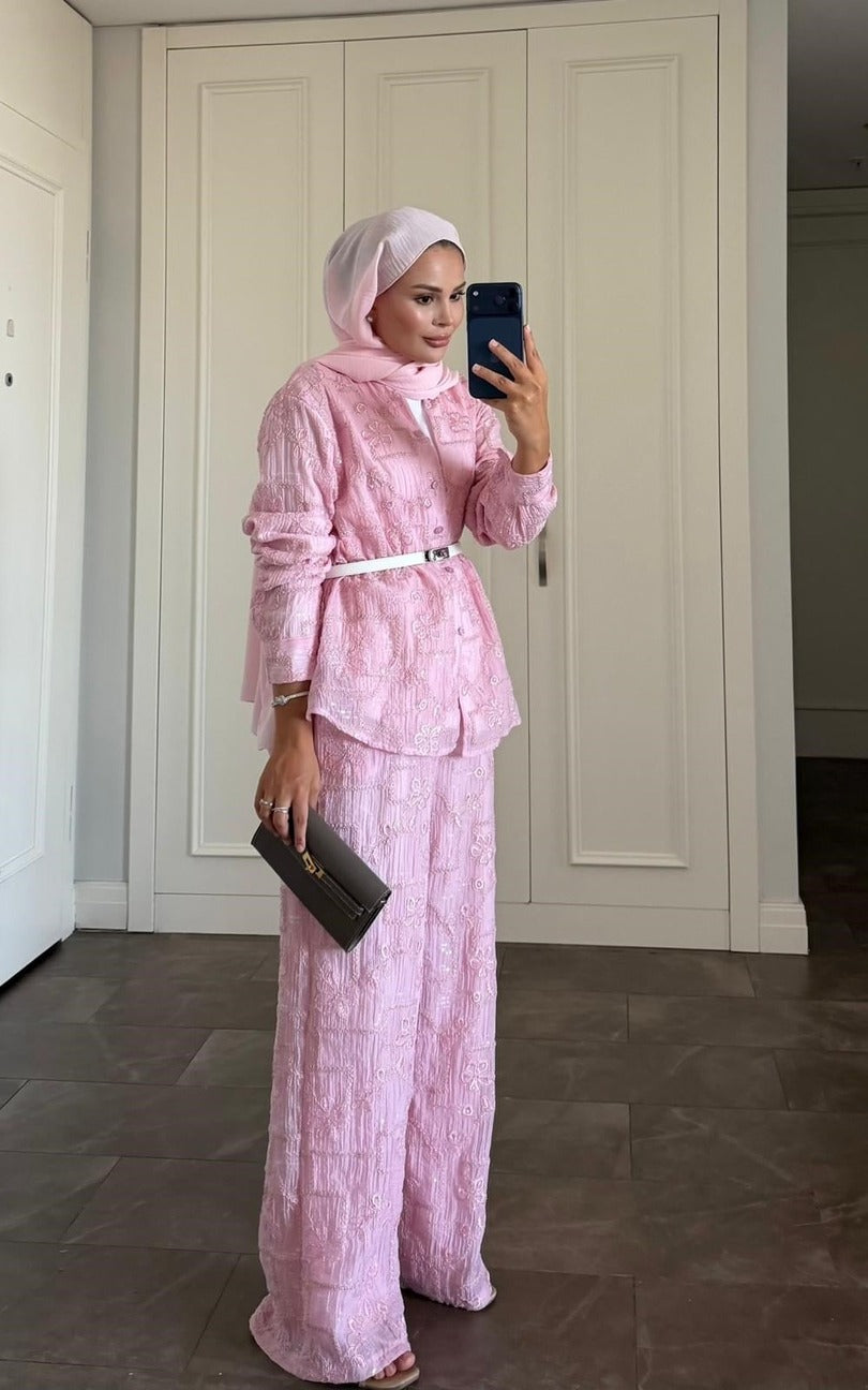 Lilly Modest Trousers Matching Set | Premium Tunic Co-Ord Suit - Pink
