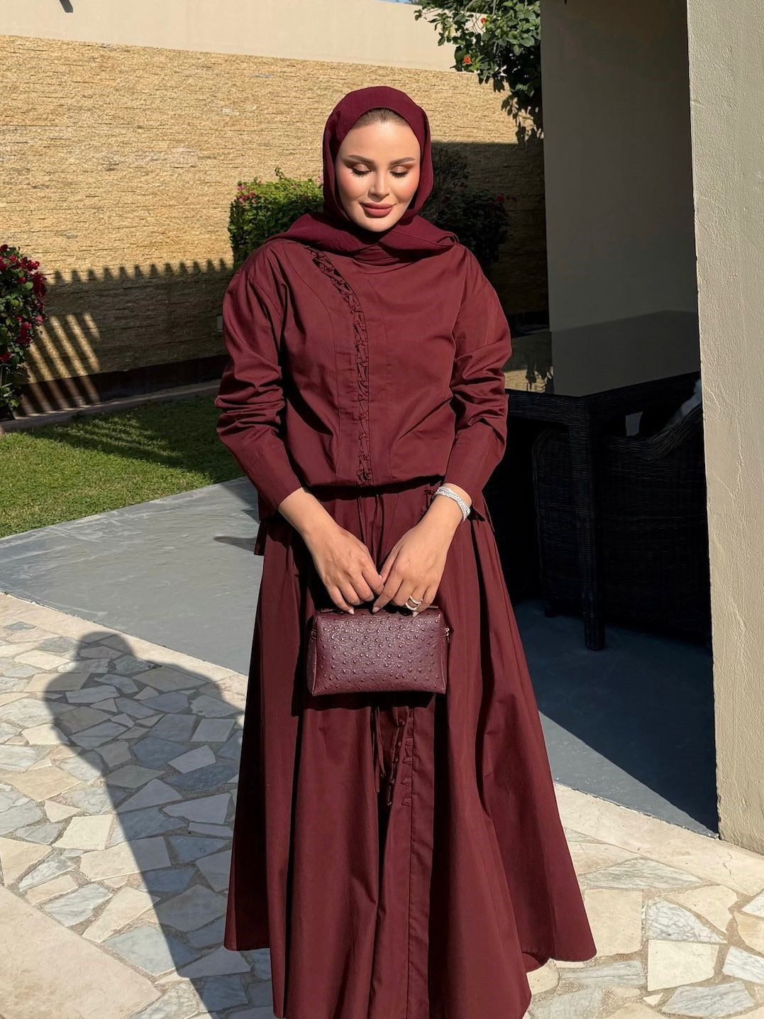 Ruffle Trim Button-Down Co-ord Set with Flared Maxi Skirt - Burgundy