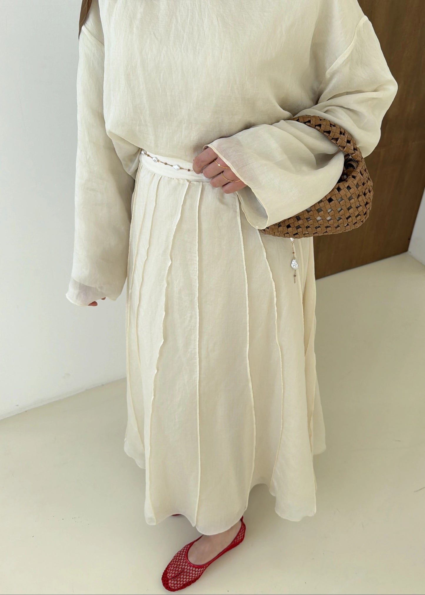 Reverse Stitch Skirt Set - Beige