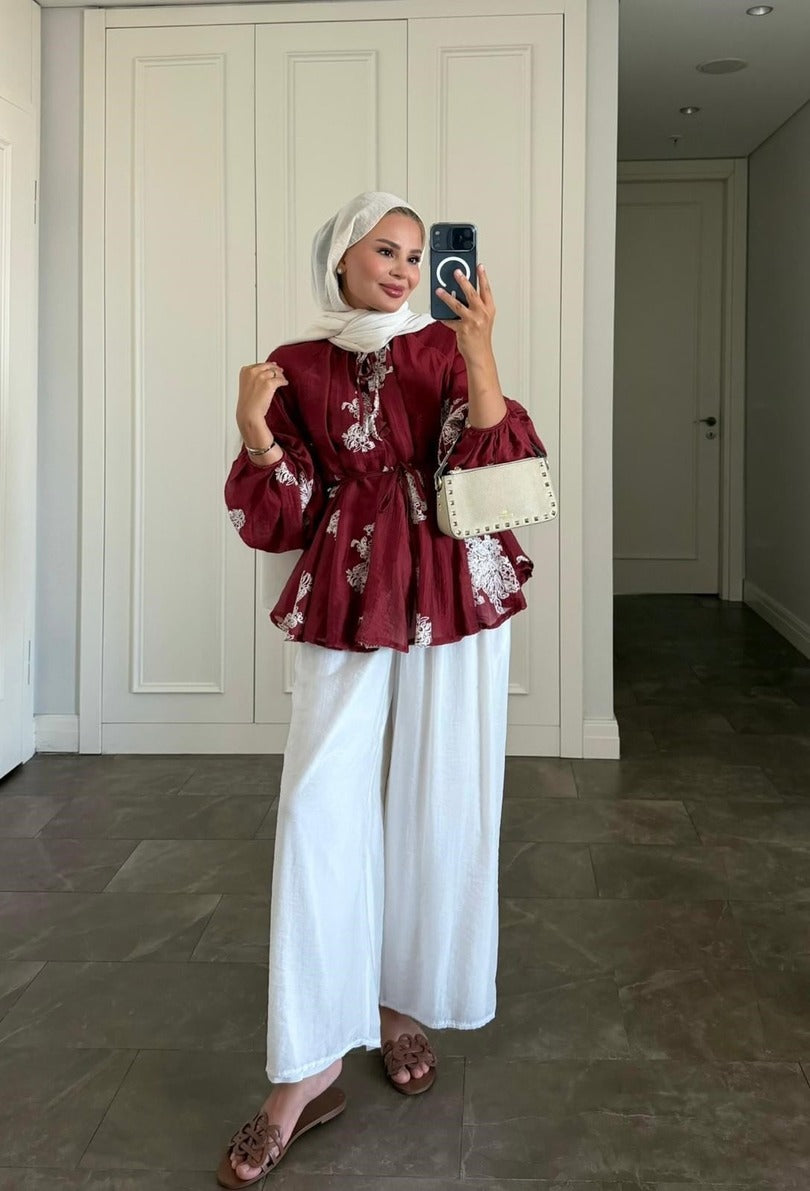 Burgundy Modest Pant Set - Lined Two Piece Tunic Outfit with Pockets