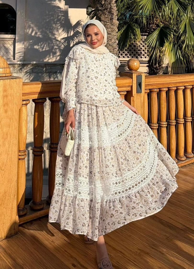 Floral Print Lace-Trim Tiered Maxi Co-ord Set - Ecrou