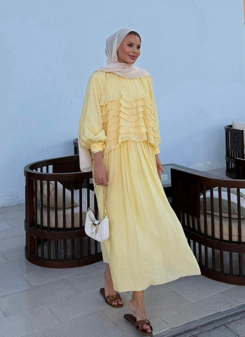 Tiered Ruffle Blouse & Pleated Maxi Skirt Co-ord Set - Yellow