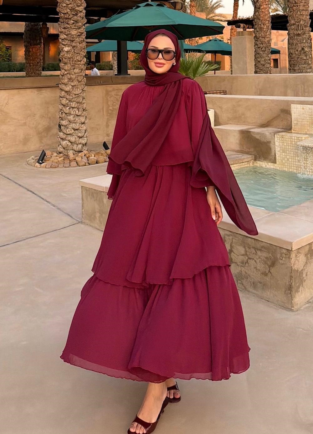 Layered Cape Chiffon Co-ord Set with Tiered Ruffle Skirt - Burgundy