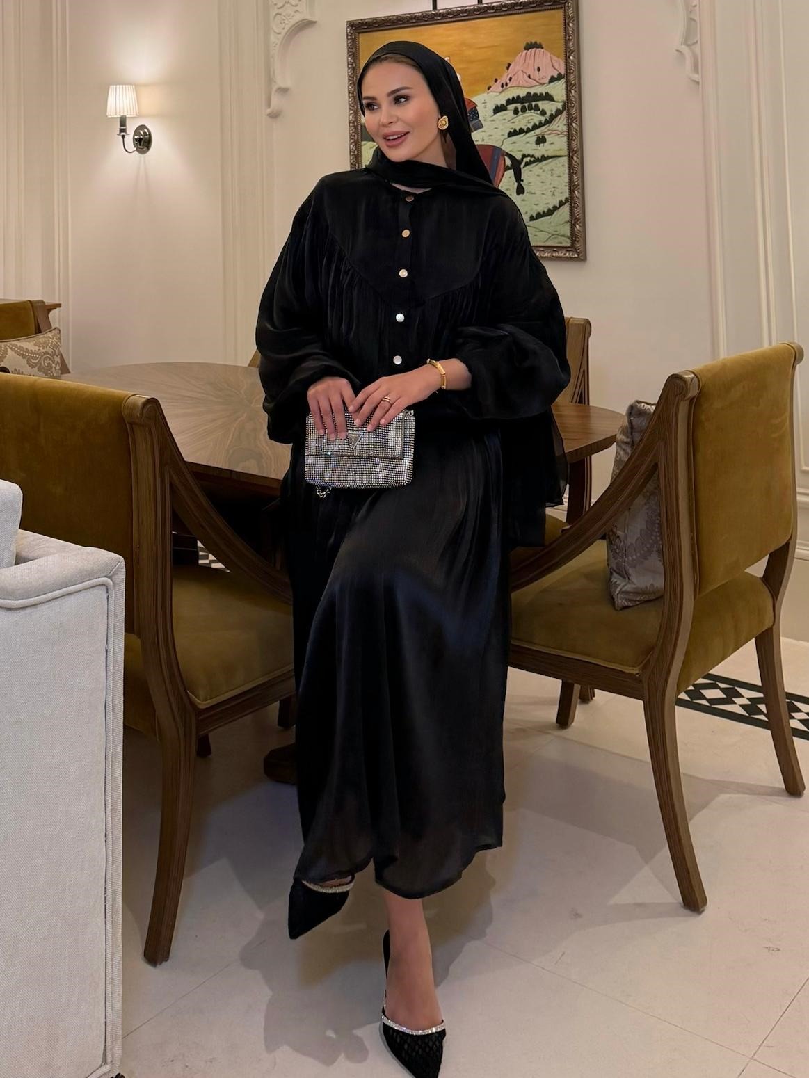 Shimmer Metallic Gathered Top & Flared Maxi Skirt Evening Co-ord Set - Black