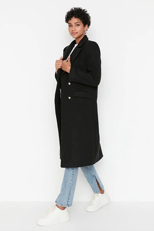 Black Fitted Long Wool-Blend Coat with Belt and Gold Buttons