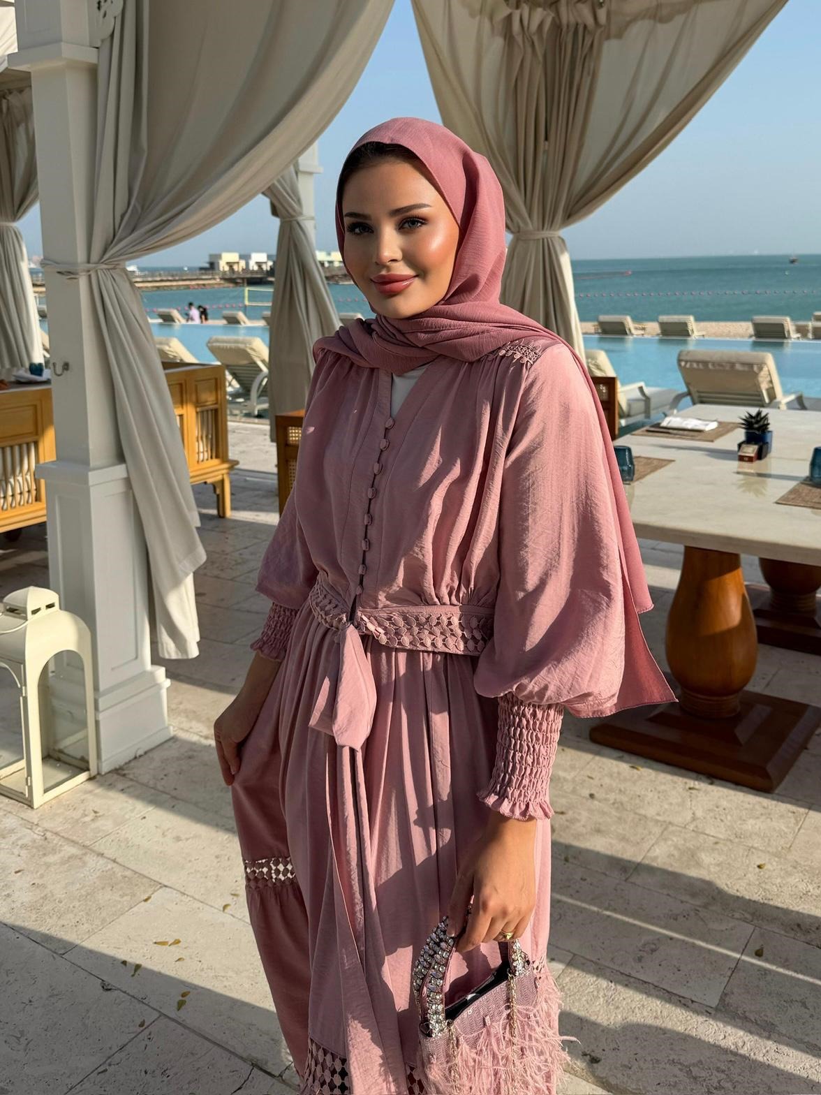 Tiered Boho Lace Trim Co-ord Set with Crochet Waist Belt - Pink Rose