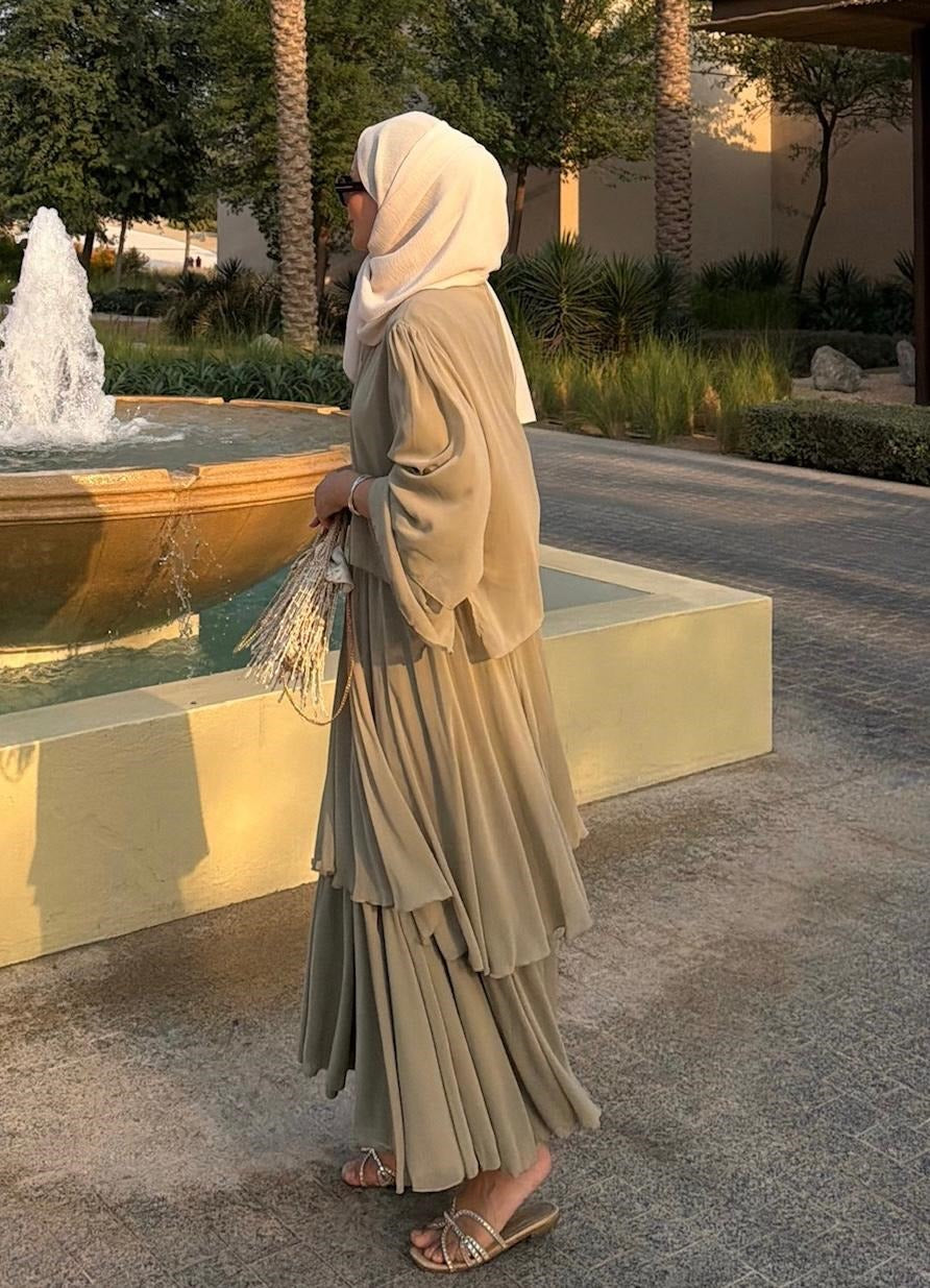 Layered Cape Chiffon Co-ord Set with Tiered Ruffle Skirt - Light Green