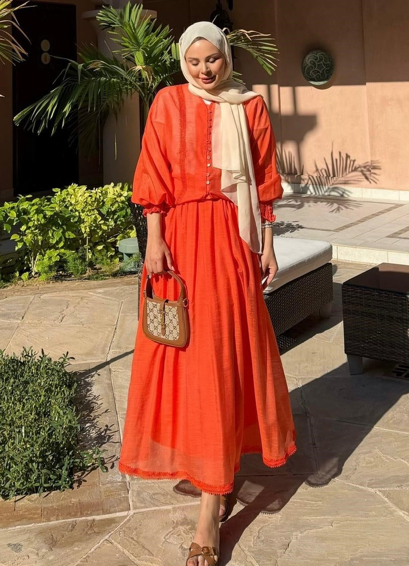 Button-Front Lace-Trim Blouse & Maxi Skirt Co-ord Set - Orange