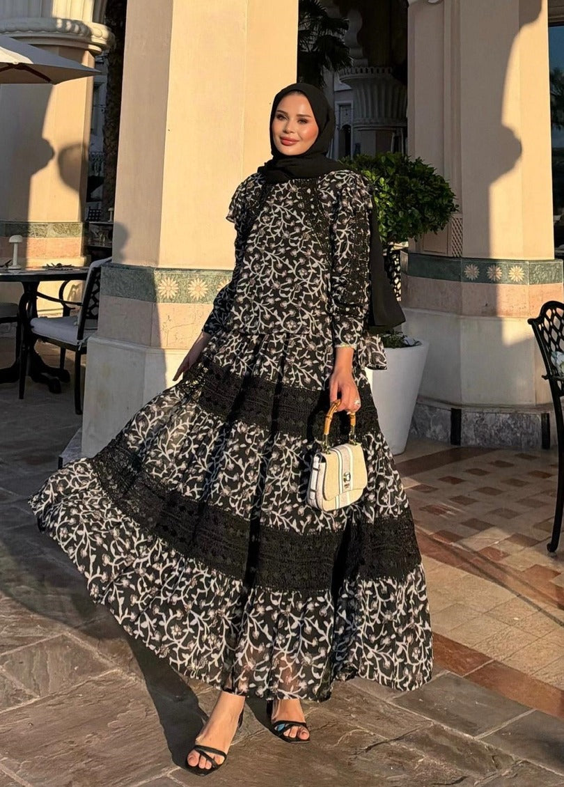 Floral Print Lace-Trim Tiered Maxi Co-ord Set - Black