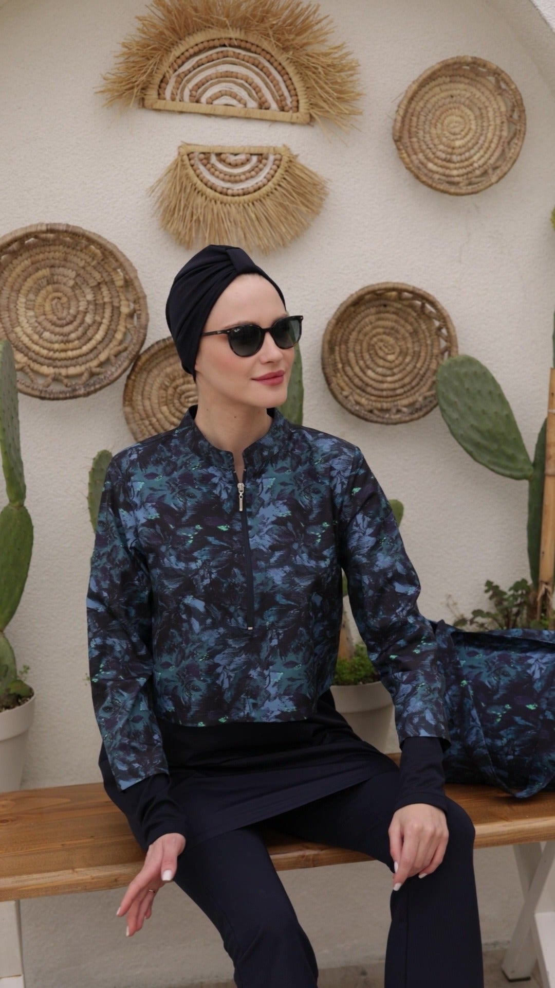 Midnight Blue Patterned Full Coverage Burkini - 3 Piece Zip-Up Swimsuit