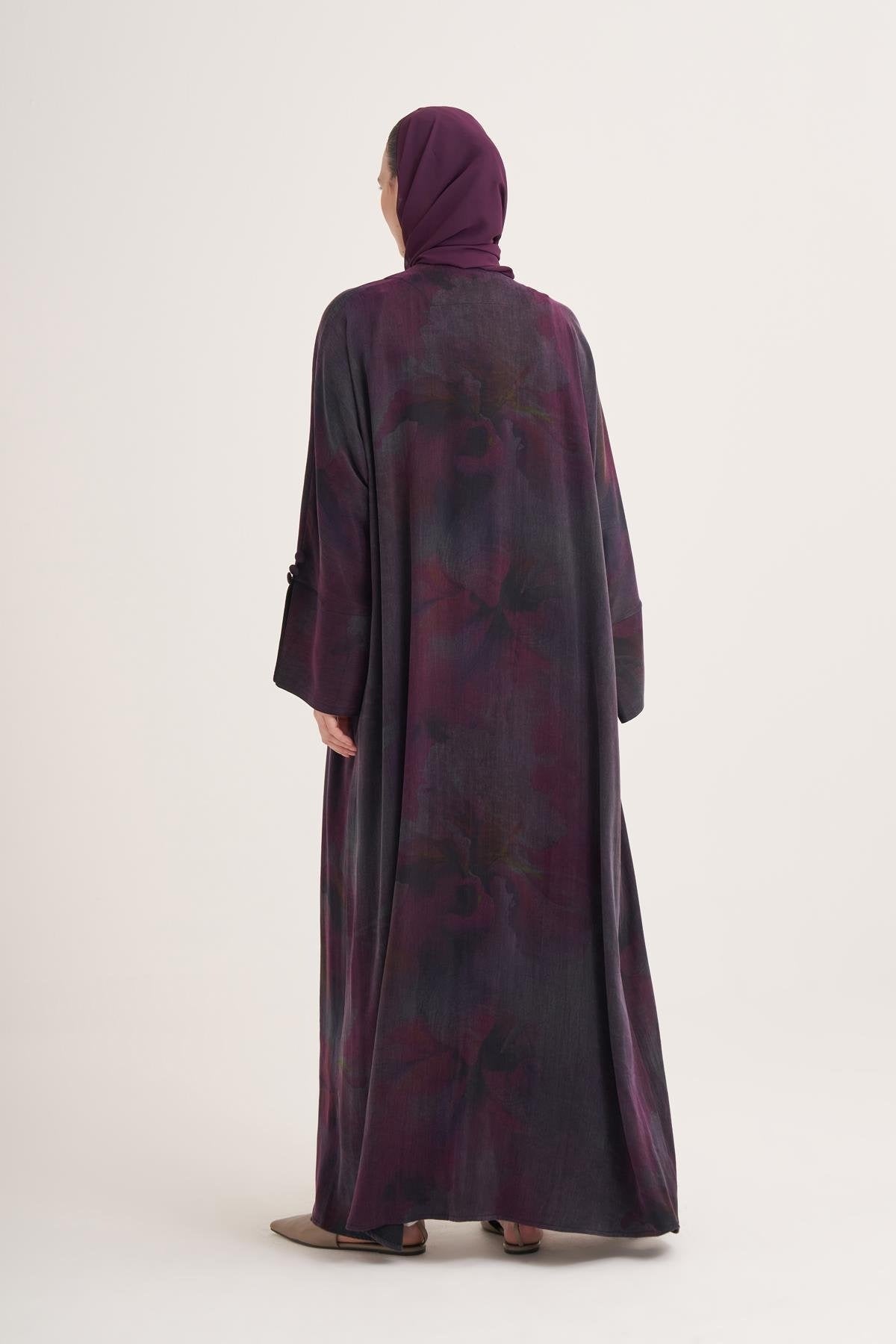 Cupro Modal Open Abaya with Iridescent Purple Print & Matching Scarf