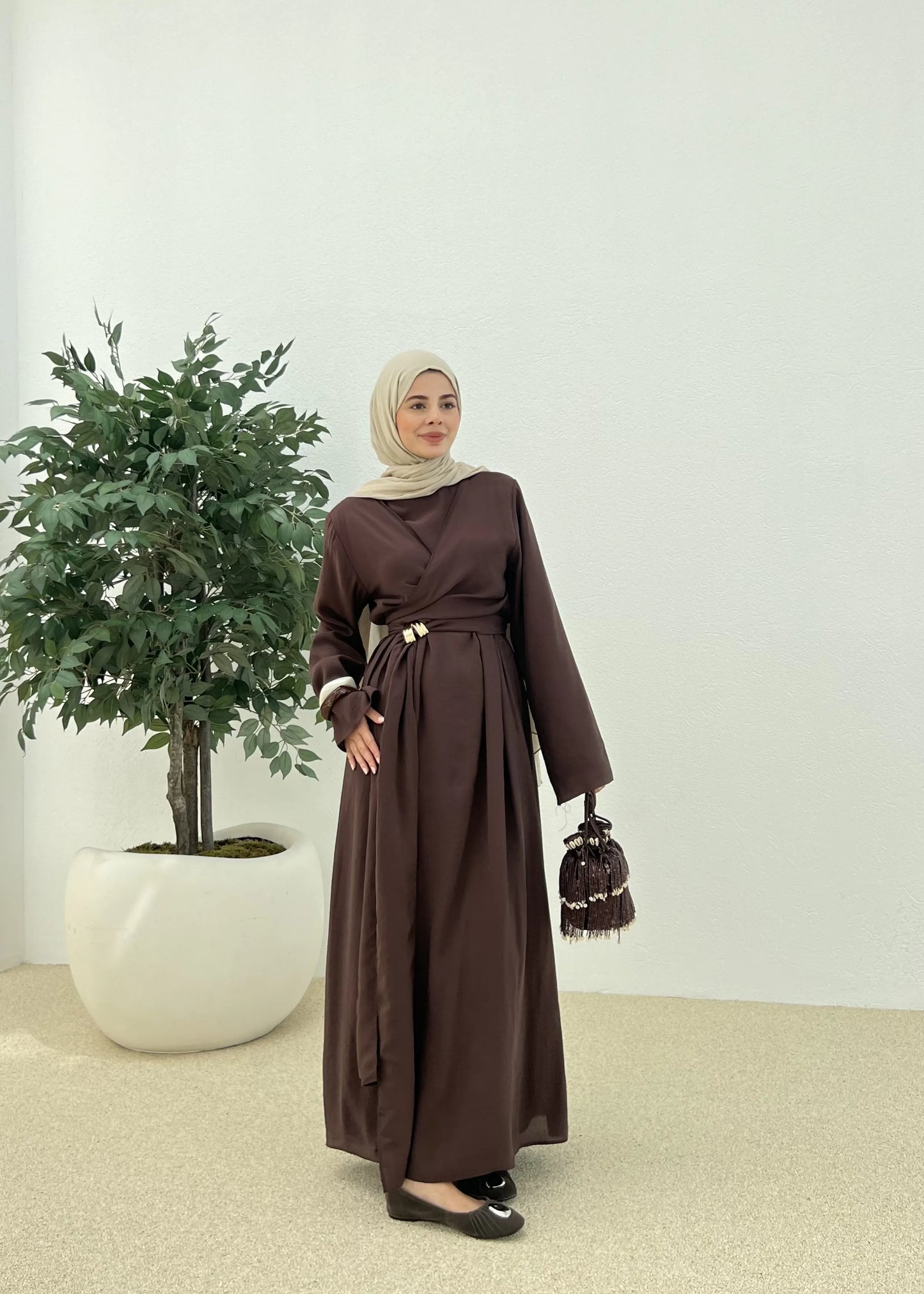 Brown Tencel Dress with Buckle Detail