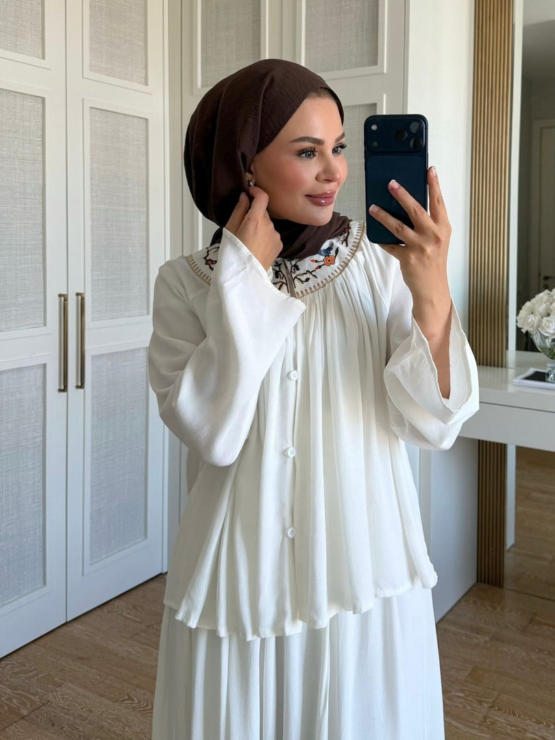 Ecru Intricate Embroidered Slub Linen Skirt & Blouse Co-ord Set