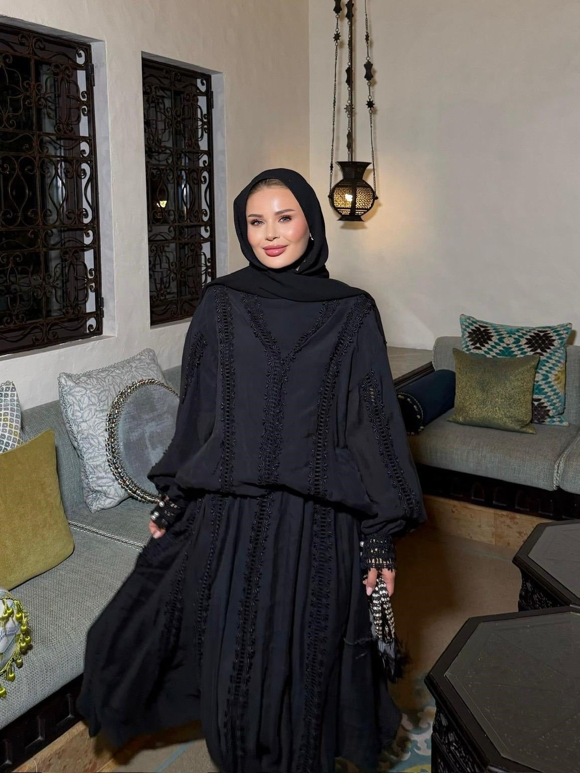 Lace Trim V-Neck Oversized Top & Flared Maxi Skirt Co-ord Set - Black