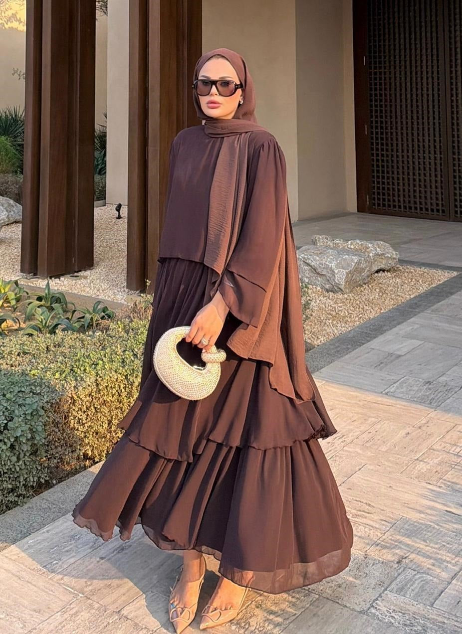 Layered Cape Chiffon Co-ord Set with Tiered Ruffle Skirt - Brown