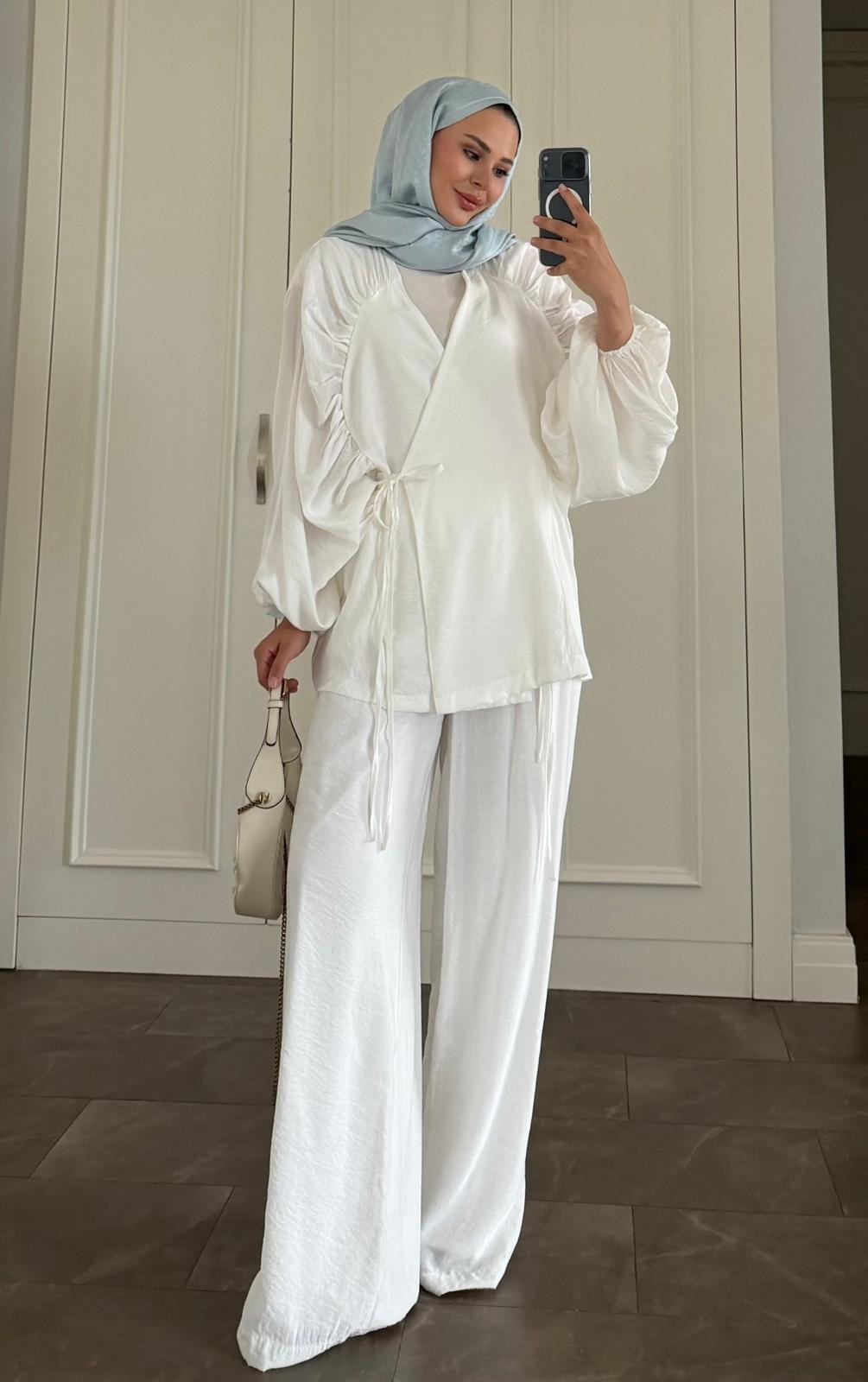 Balloon Sleeve Tencel Co-ord Set with Tie Waist & Wide-Leg Trousers - Ecrou