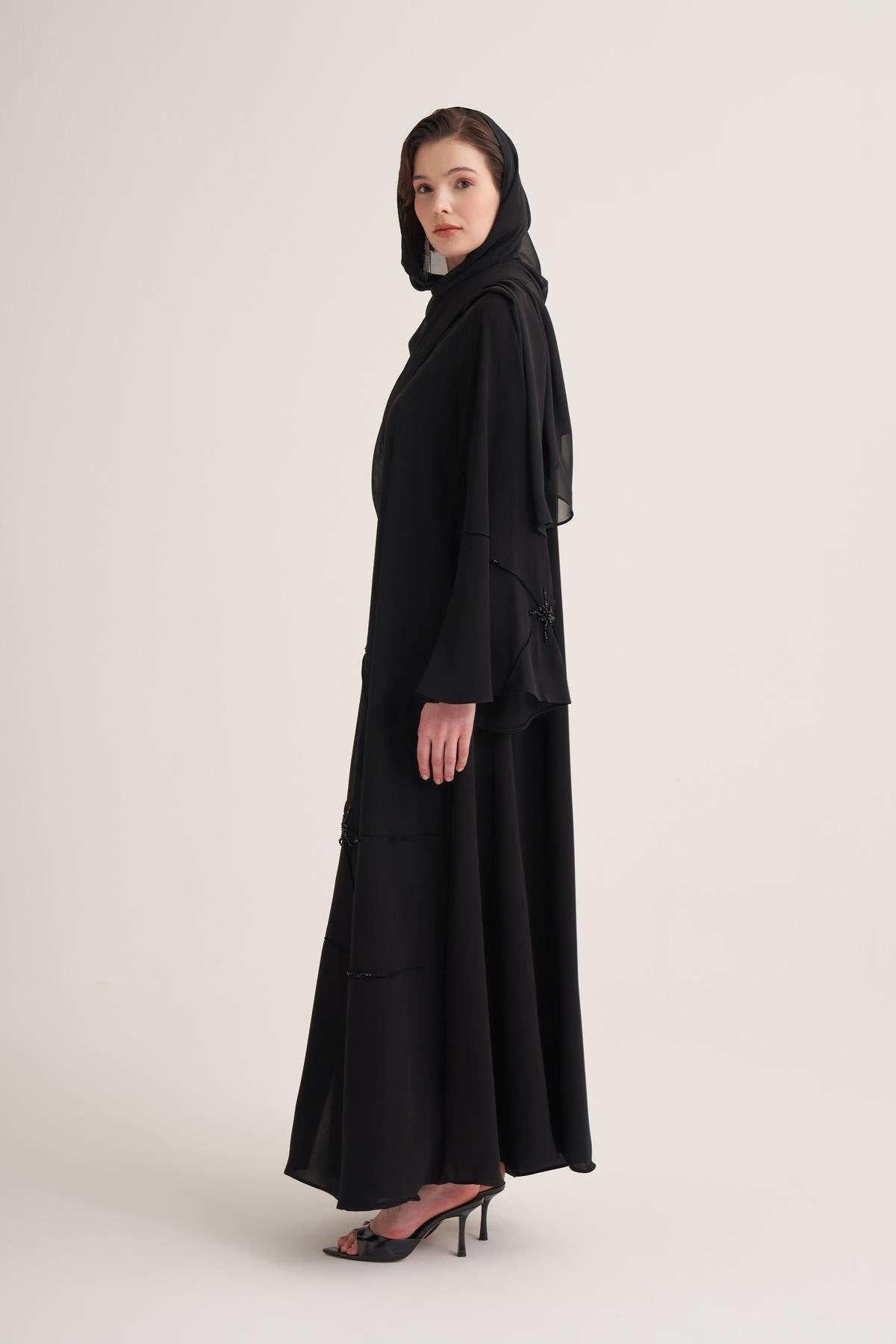 Classic Stone Embellished Black Abaya with Matching Scarf