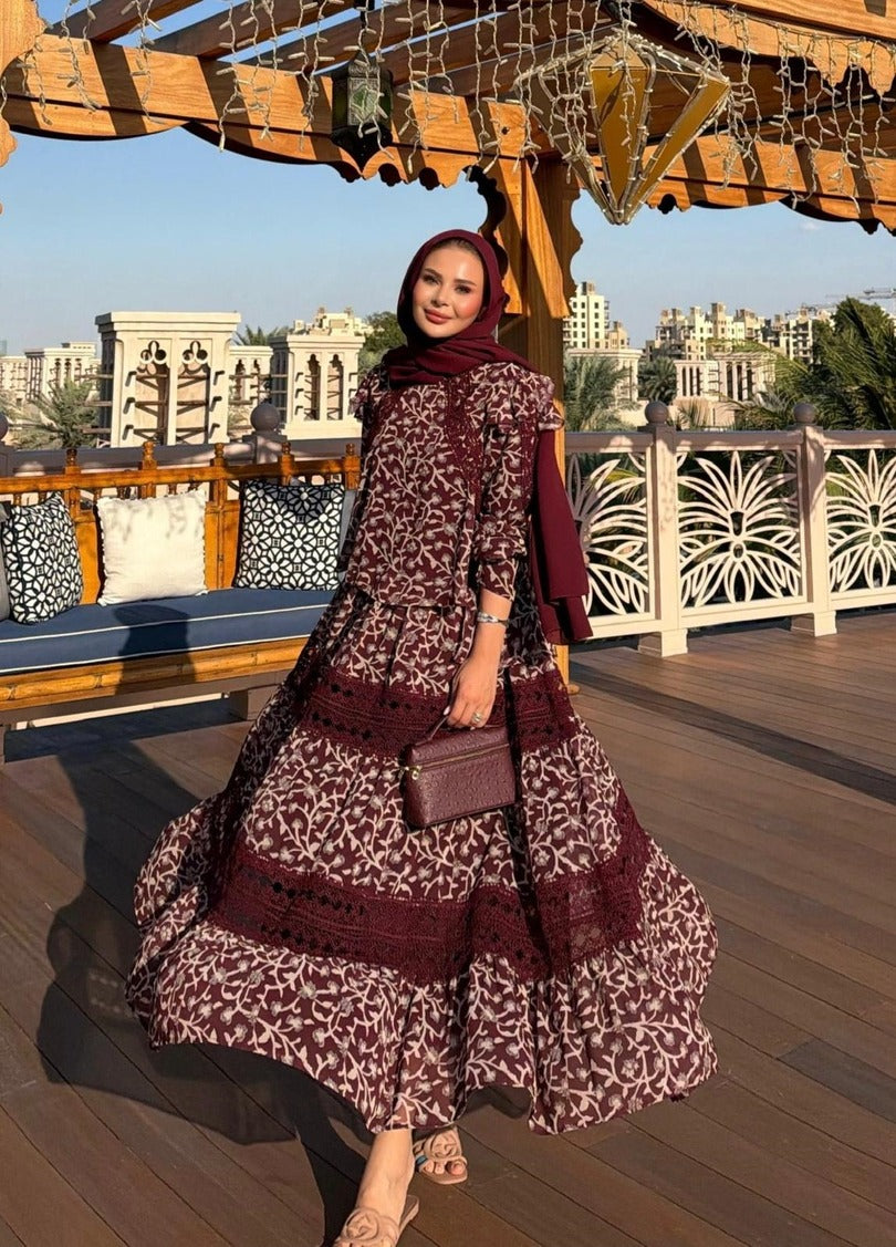 Floral Print Lace-Trim Tiered Maxi Co-ord Set - Burgundy - PRE ORDER