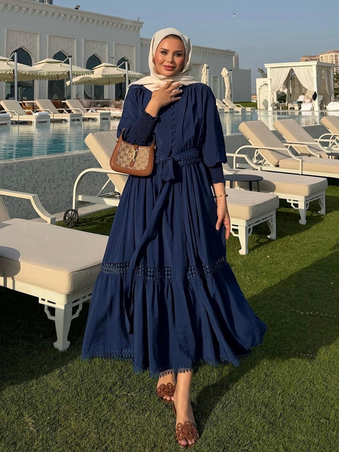 Tiered Boho Lace Trim Co-ord Set with Crochet Waist Belt - Navy