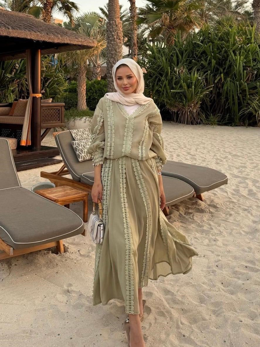 Lace Trim V-Neck Oversized Top & Flared Maxi Skirt Co-ord Set - Green