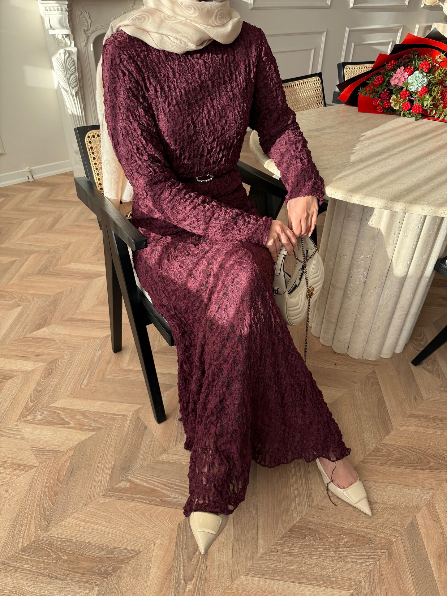 Burgundy Lace Dress with Removable Belt