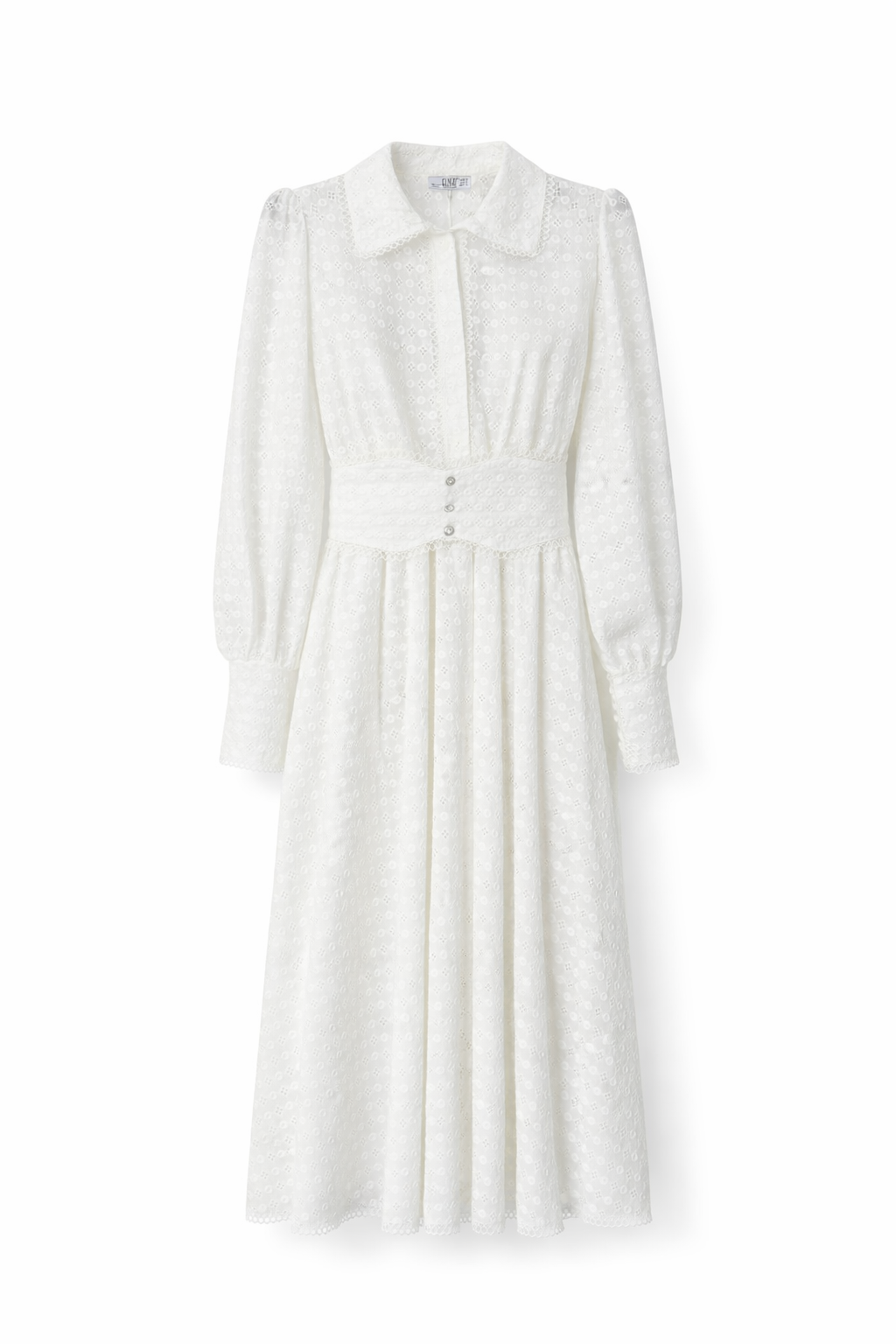 White Broderie Anglaise Midi Dress with Puff Sleeves & Structured Waist Detail