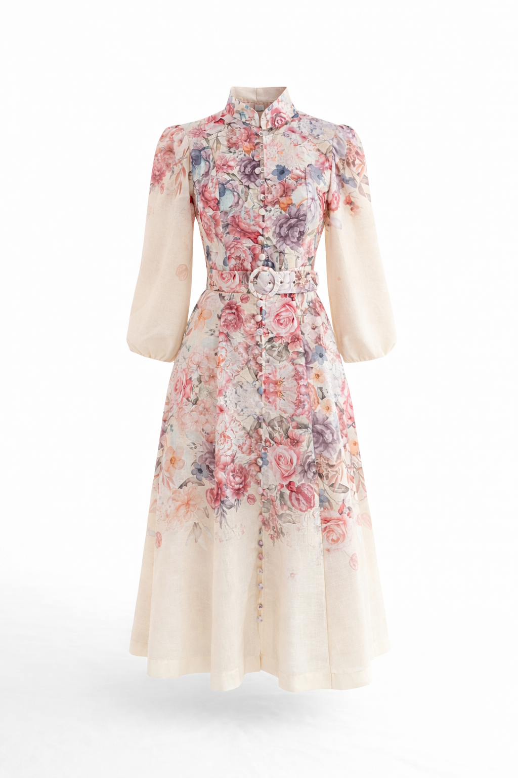 Digital Rose Print Linen-Look Maxi Dress with Puff Sleeves & Belted Waist