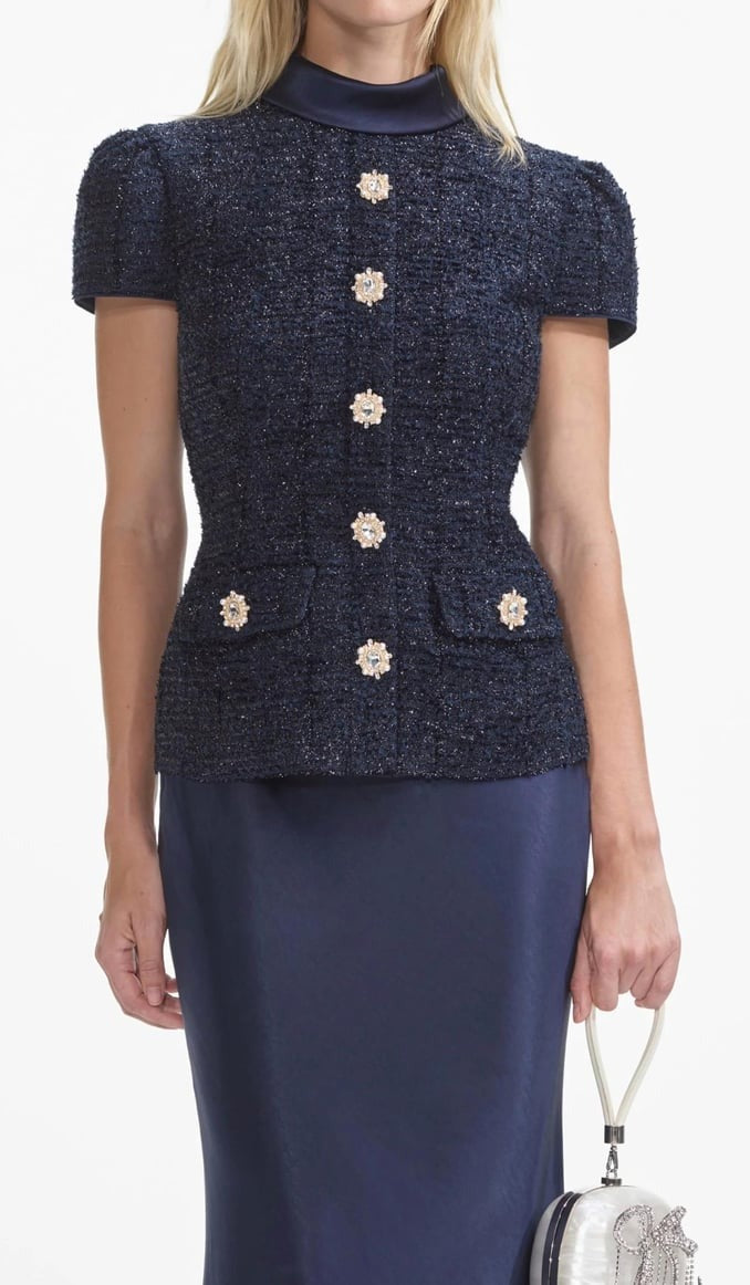 Navy Tweed Blouse with Button Details & Satin Skirt Set