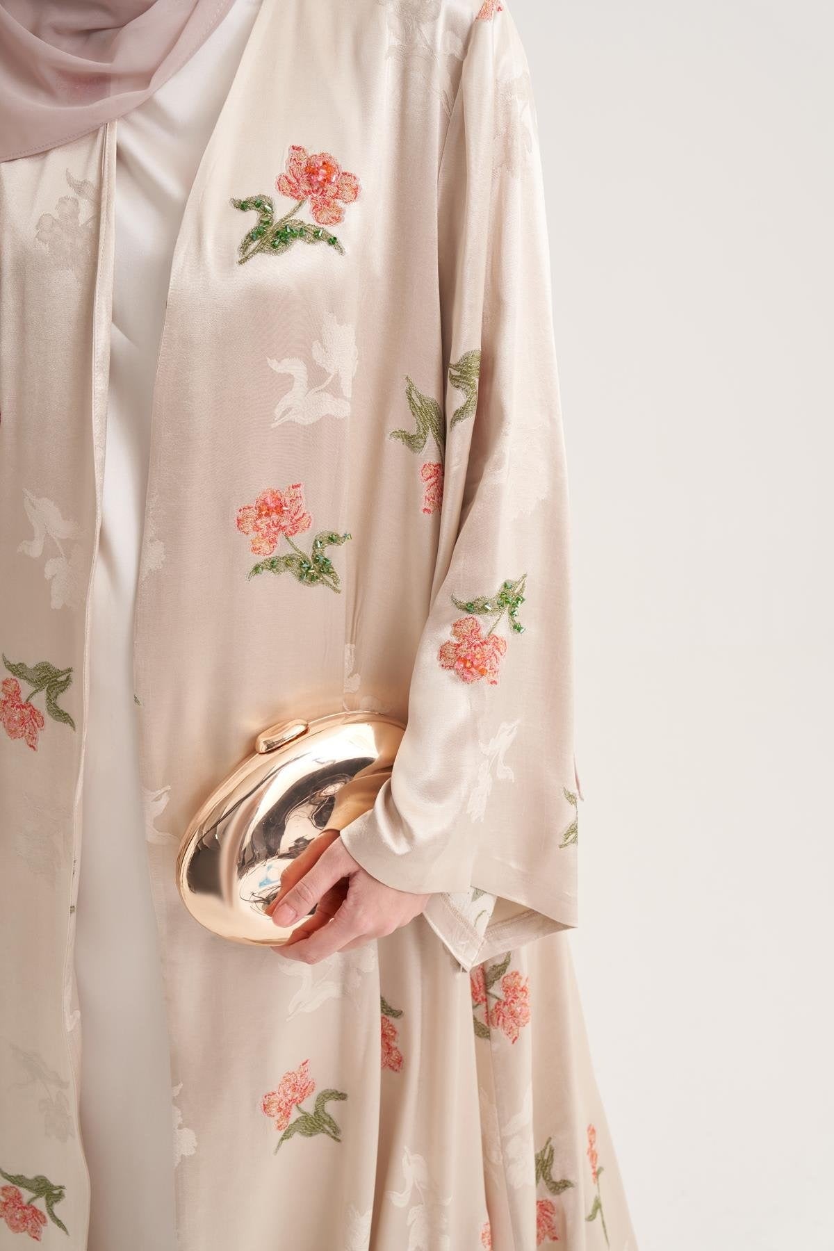 Beige Hand-Embroidered Satin Viscose Floral Open Abaya with Crystal Details & Matching Scarf