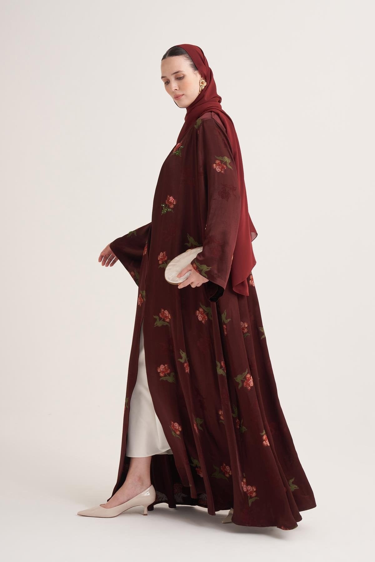 Burgundy Hand-Embroidered Satin Viscose Floral Open Abaya with Crystal Details & Matching Scarf