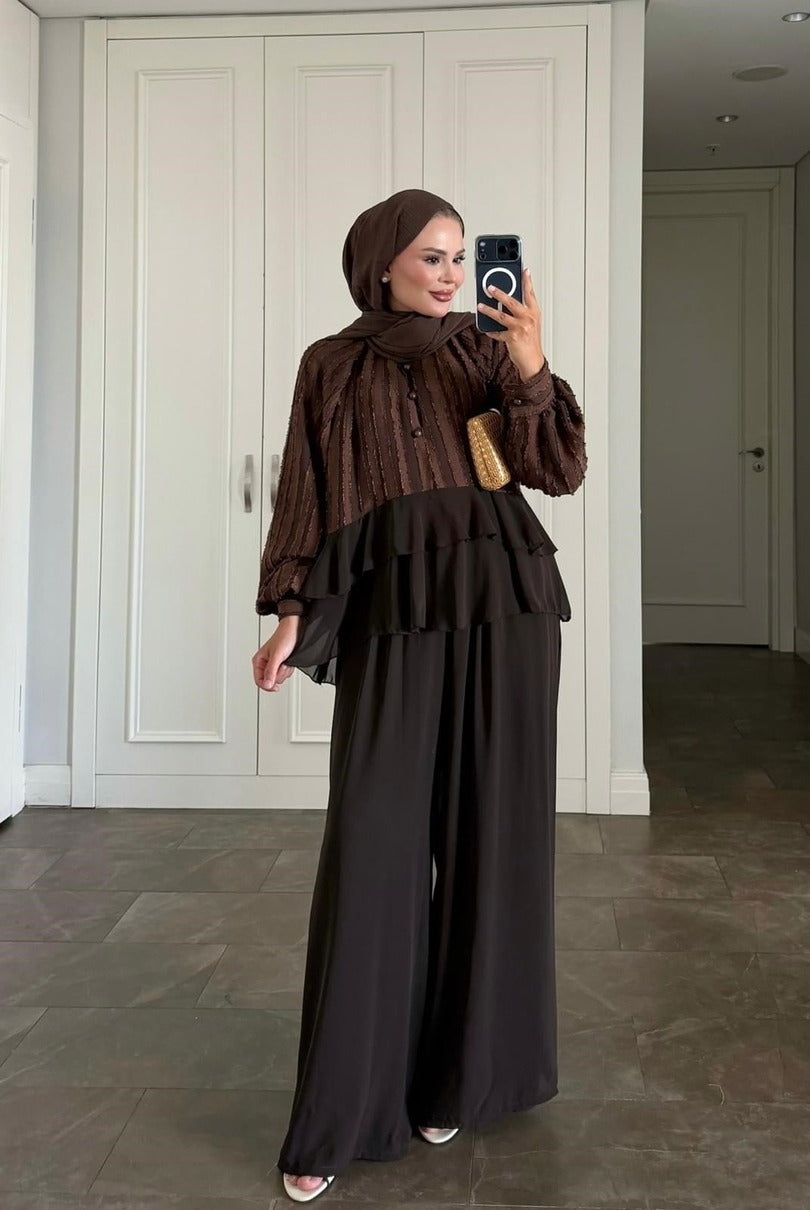 Furla Brown Modest Pant Set - Lined Two Piece High Low Outfit