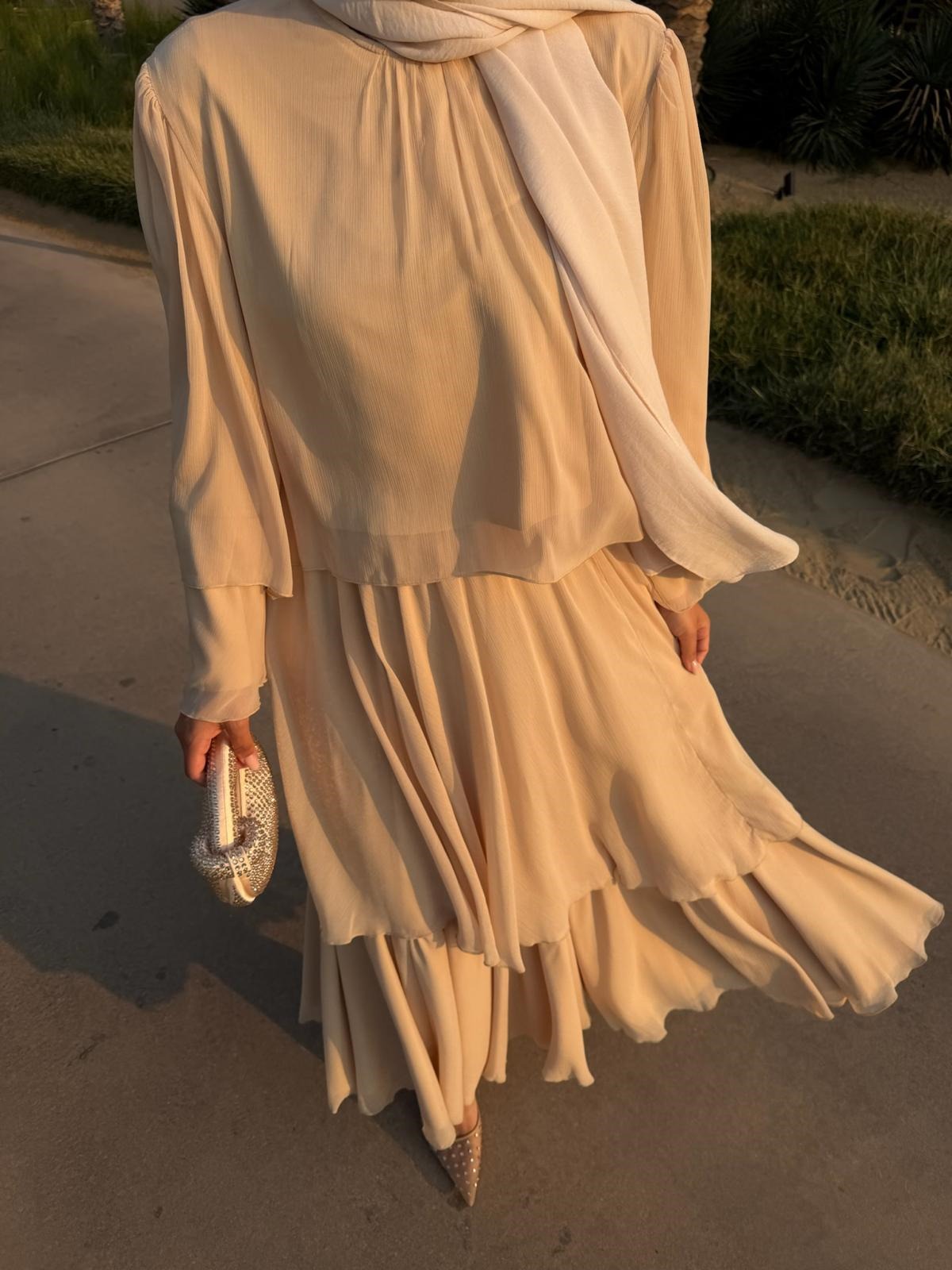 Layered Cape Chiffon Co-ord Set with Tiered Ruffle Skirt - Beige