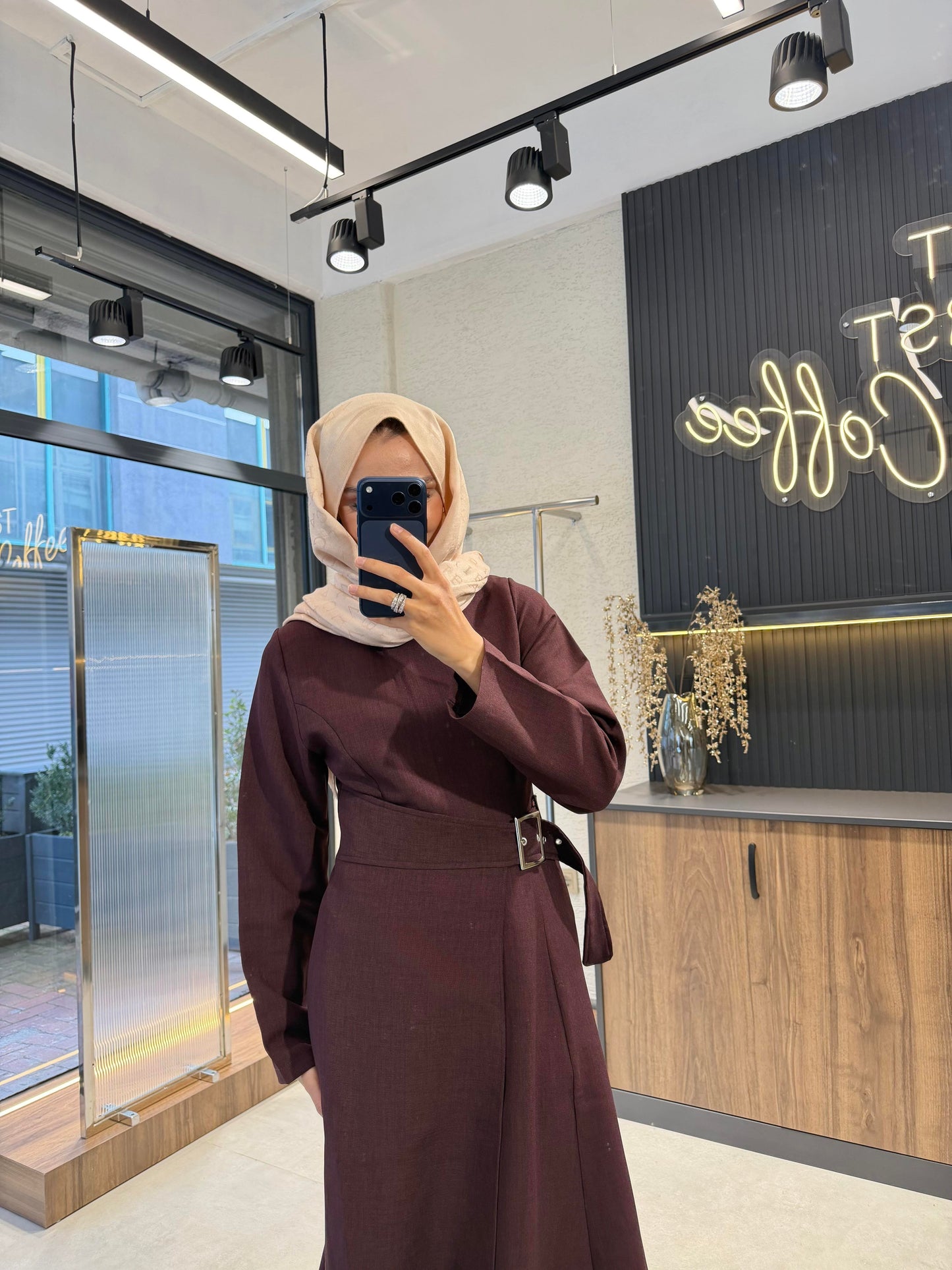 Asymmetric Burgundy Maxi Dress with Adjustable Waist Belt