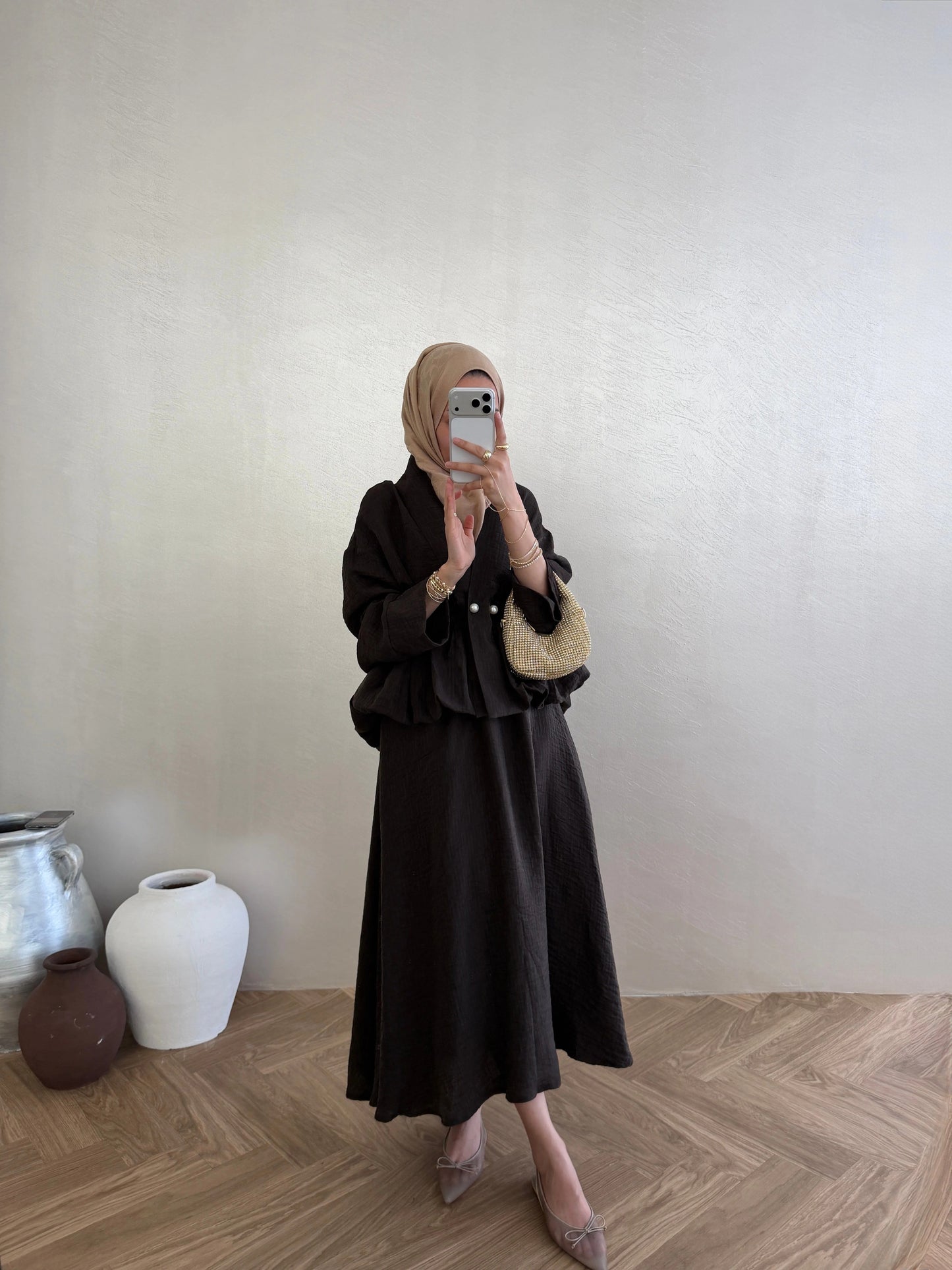 Brown Pearl-Button Vual Co-ord Set — Modest Blouse & Maxi Skirt