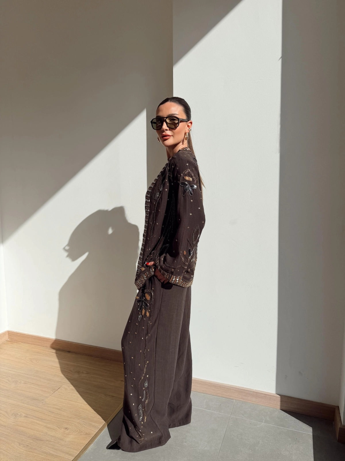 Limited Collection Embroidered Kimono & Pants Two-Piece Set – Brown