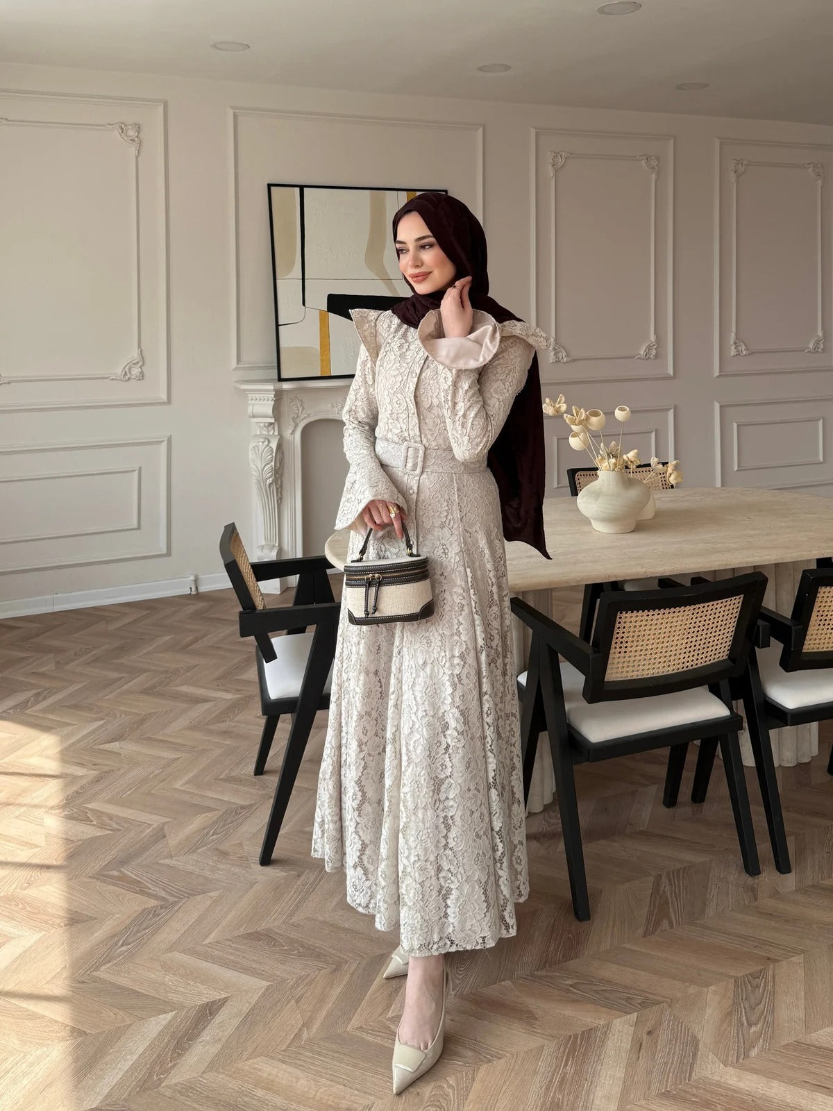 Lace Detailed Belted Maxi Dress - Beige