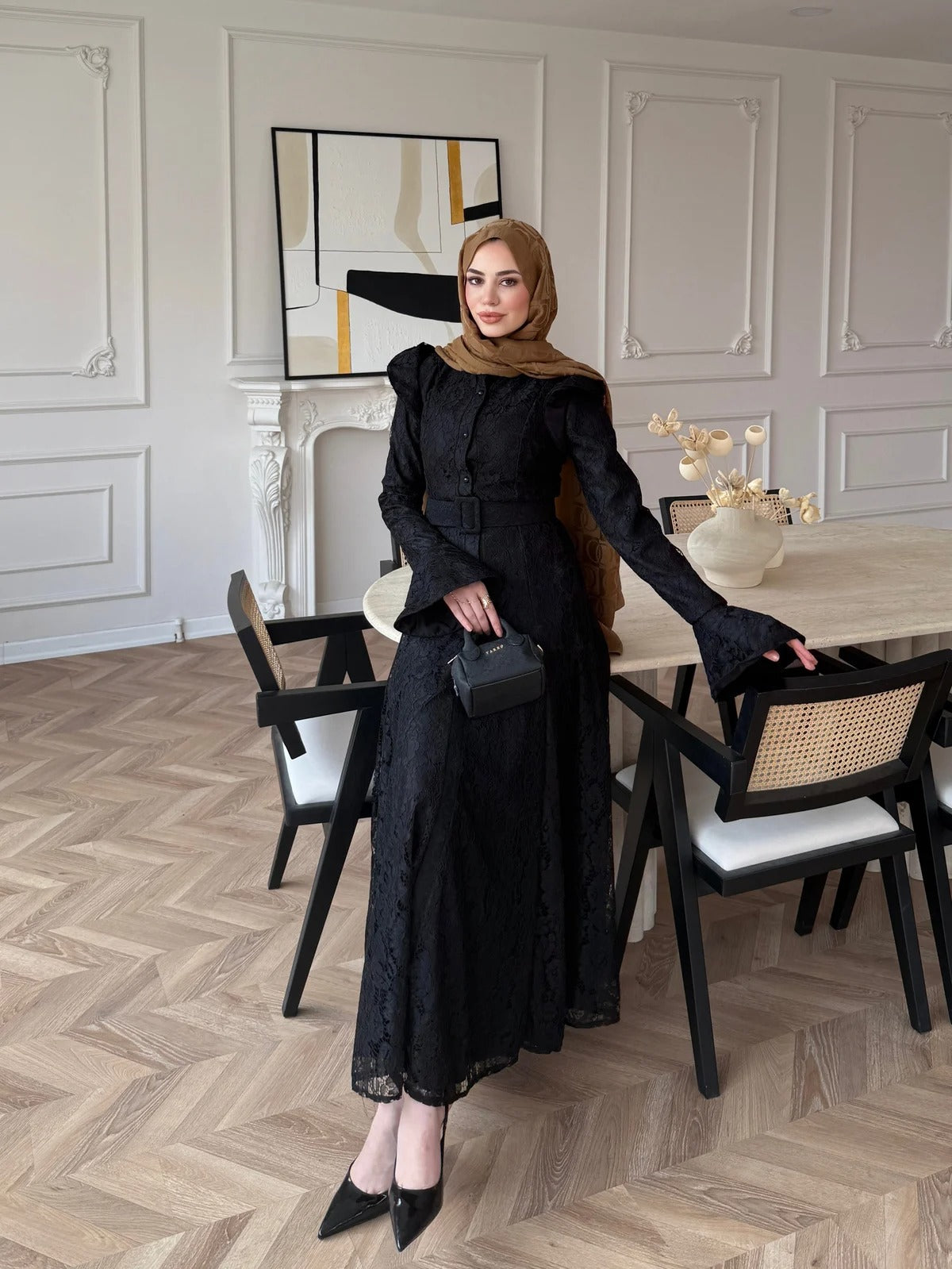 Lace Detailed Belted Maxi Dress - Black