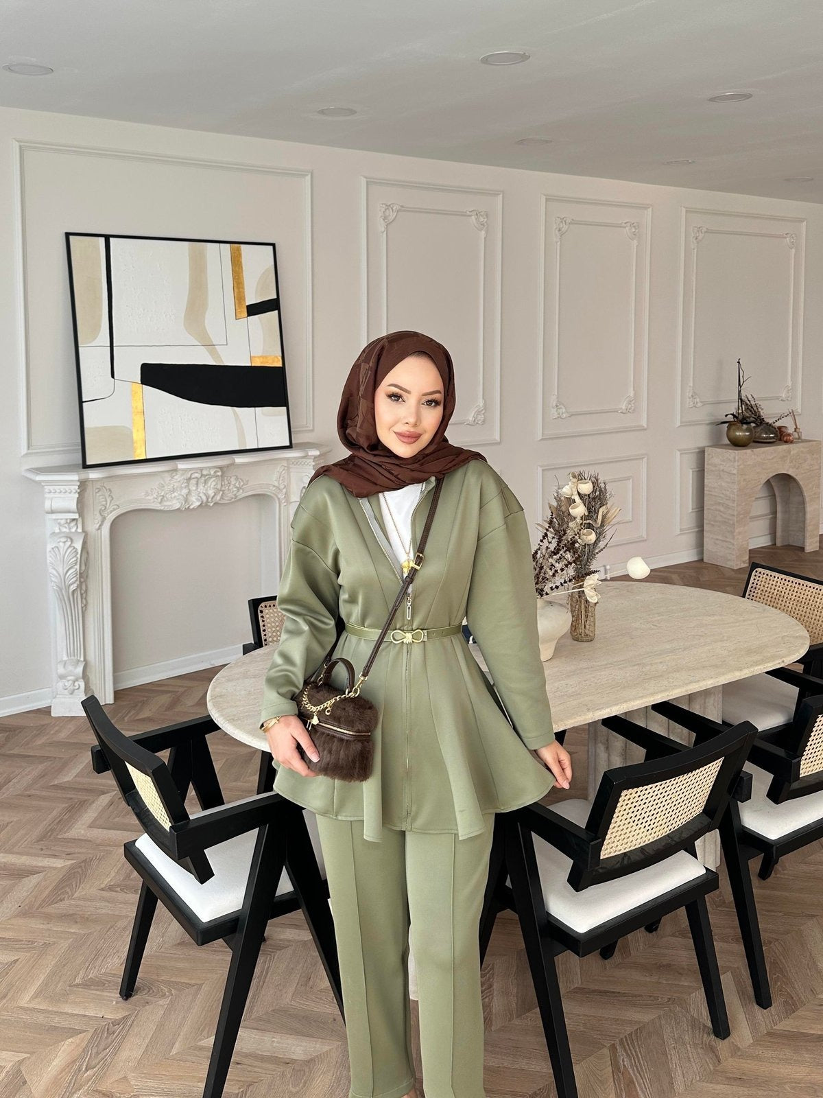 Premium Scuba Fabric Two-Piece Set -Khaki