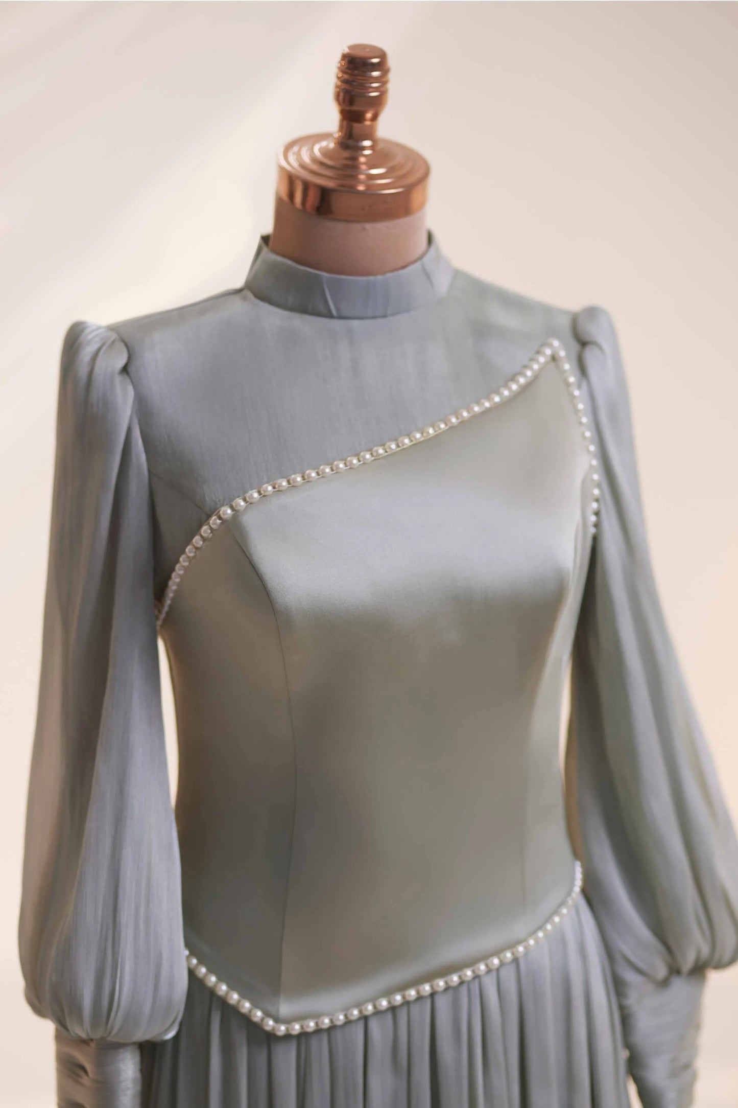 Gray Organza Pearl Detail Modest Evening Dress