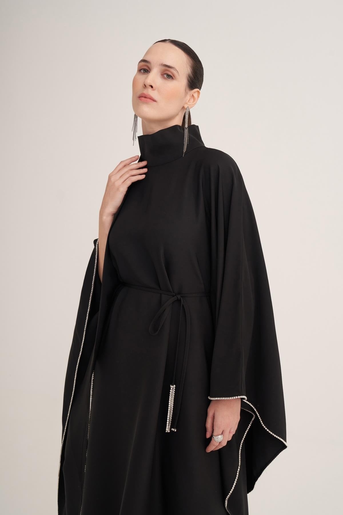 Black Cape Sleeve Kaftan with Crystal Trim & Adjustable Belt