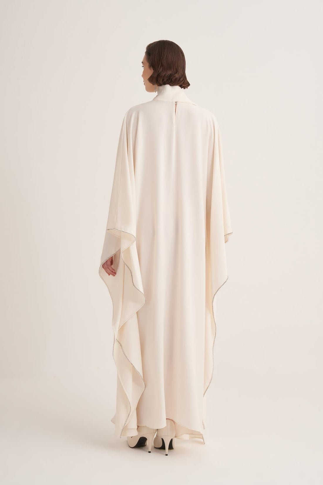 Cream Cape Sleeve Kaftan with Crystal Trim & Adjustable Belt