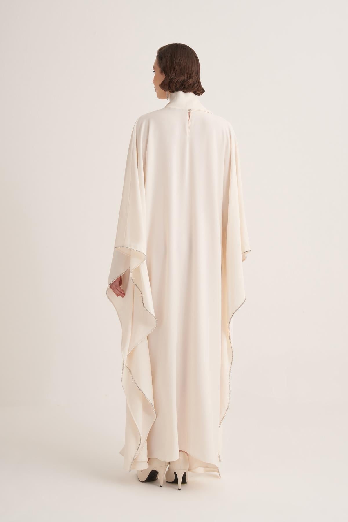 Cream Cape Sleeve Kaftan with Crystal Trim & Adjustable Belt