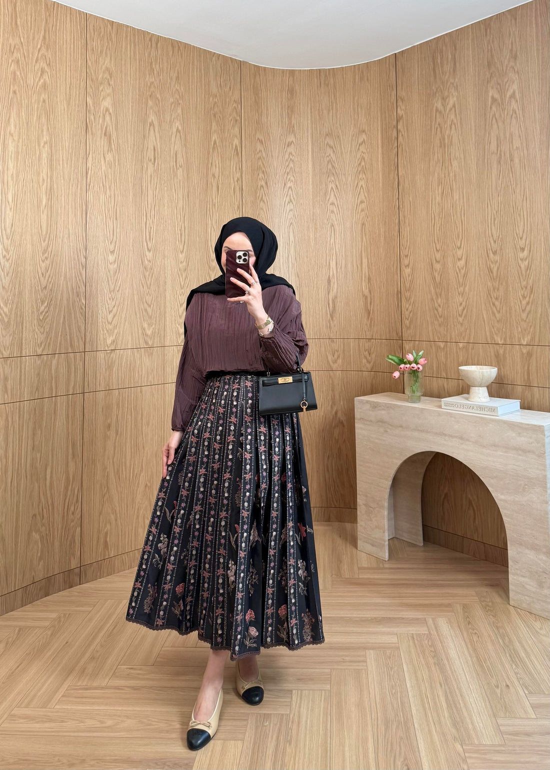 Lily Co-ord Set — Black Textured Blouse & Floral Pleated Midi Skirt