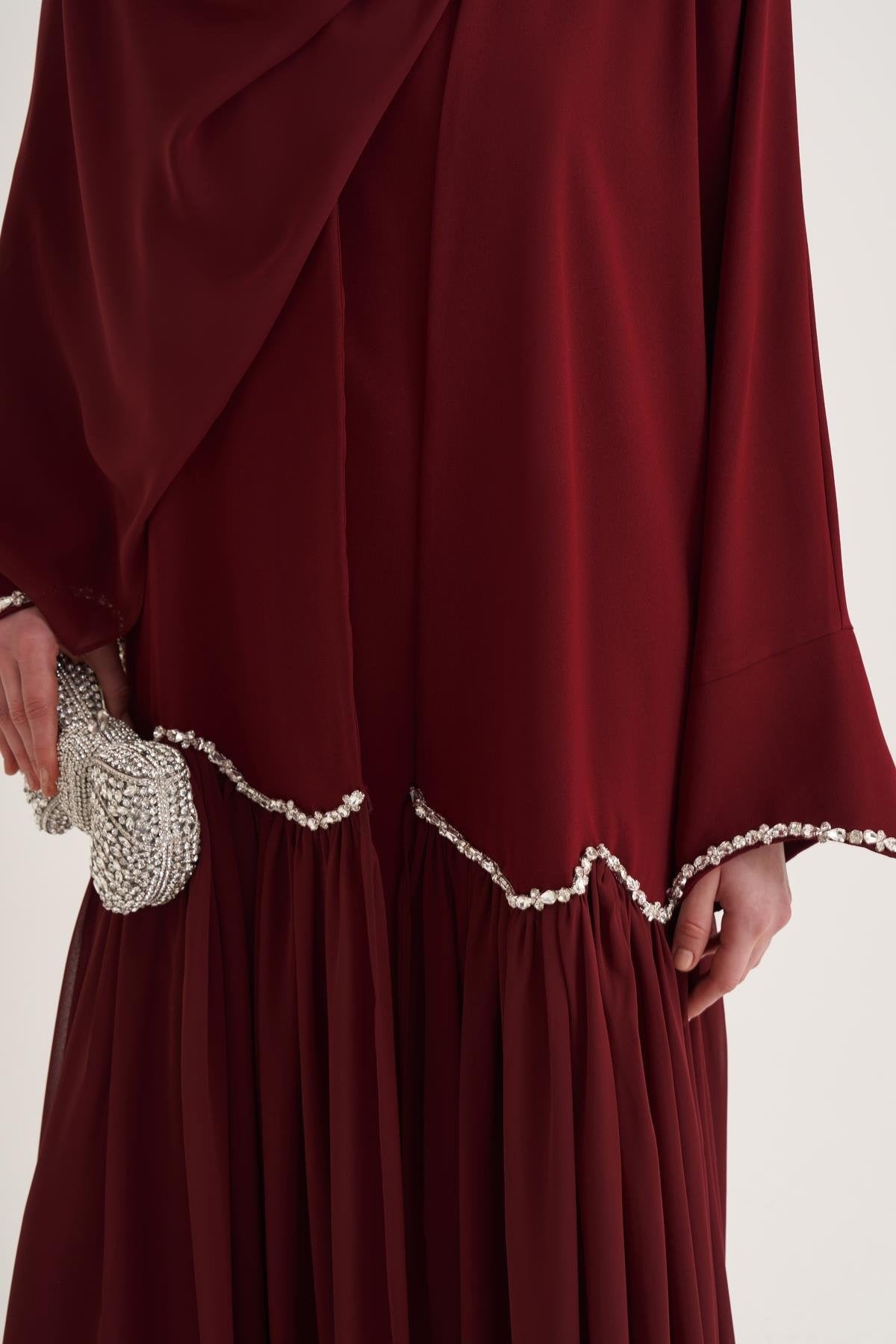Lina Crystal Embellished Abaya with Matching Scarf - Burgundy