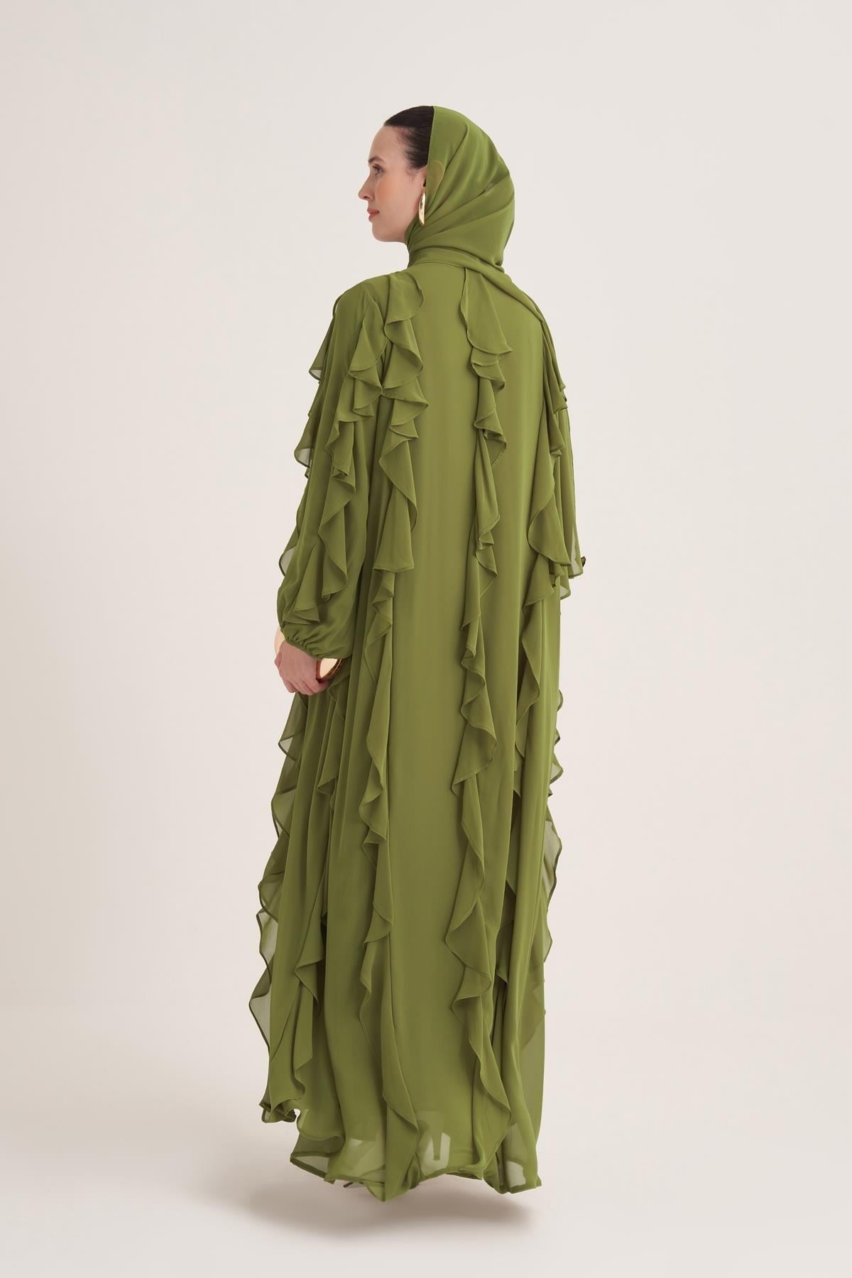 Chiffon Ruffle Open Abaya with Matching Scarf in Green