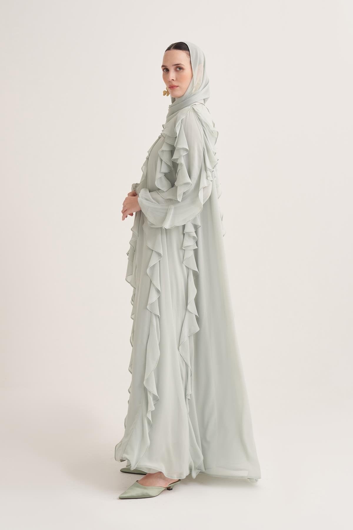 Chiffon Ruffle Open Abaya with Matching Scarf in Mint