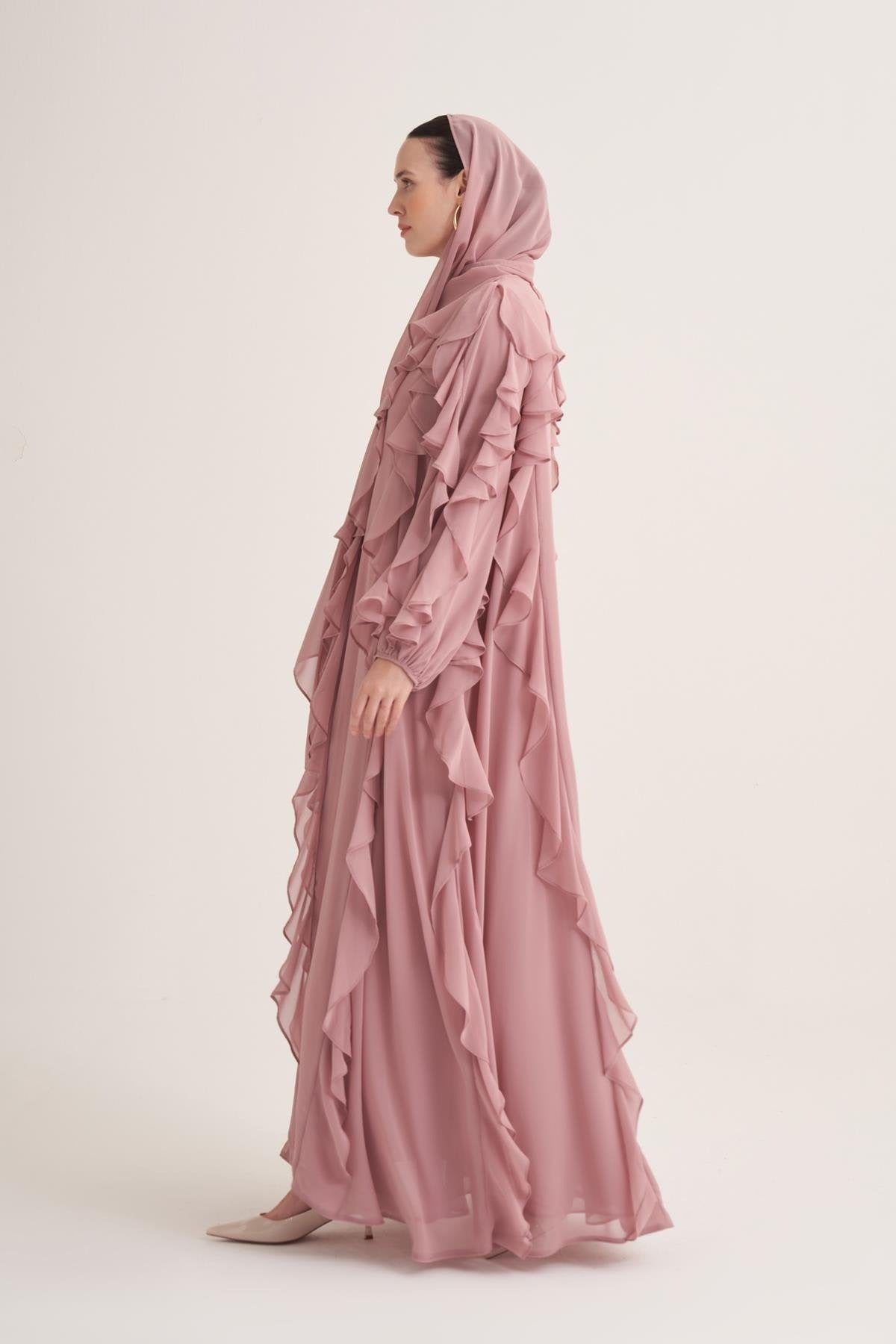 Chiffon Ruffle Open Abaya with Matching Scarf in Powder